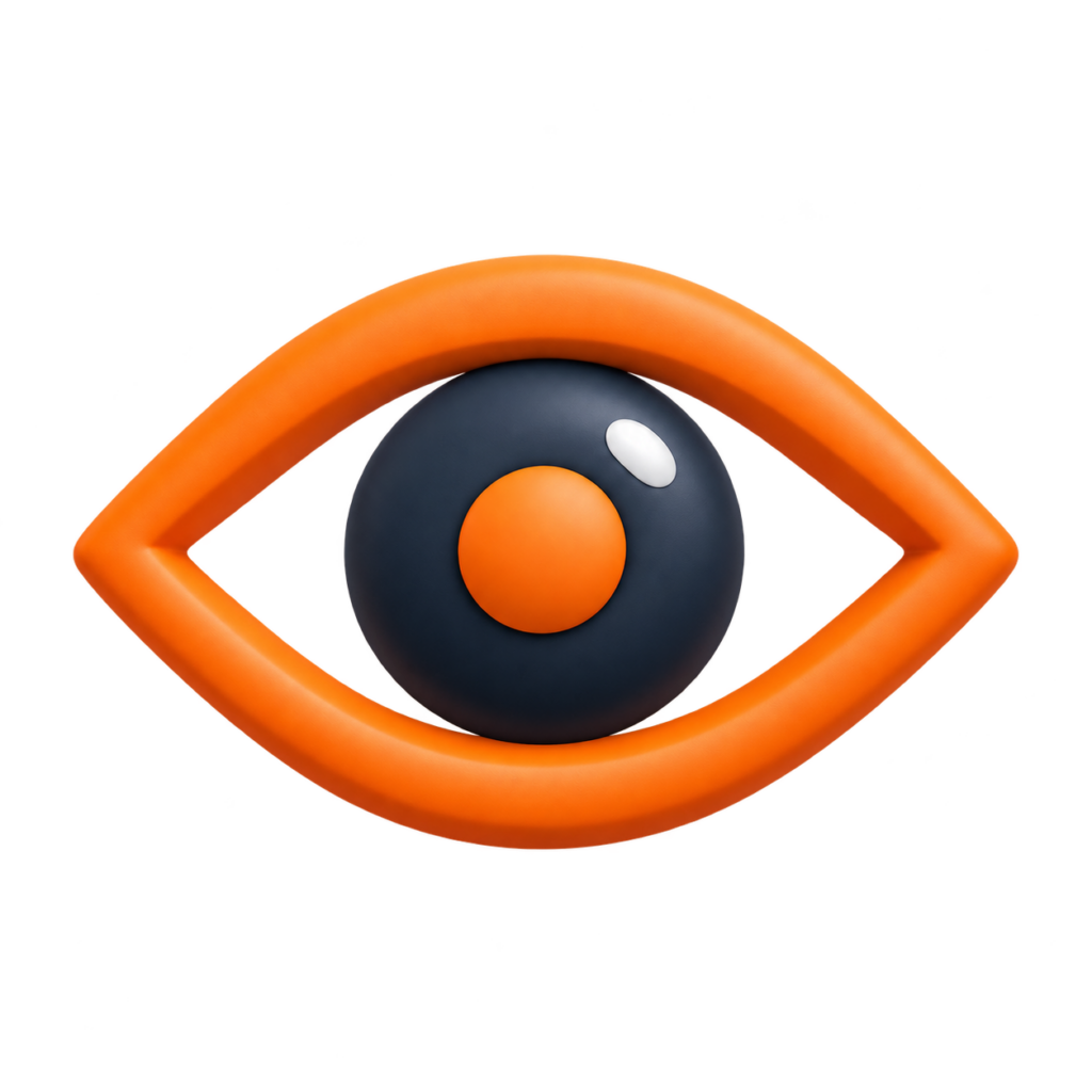 Dreidimensionales Auge in Orange und Dunkelblau als Symbol für genaues Hinsehen.