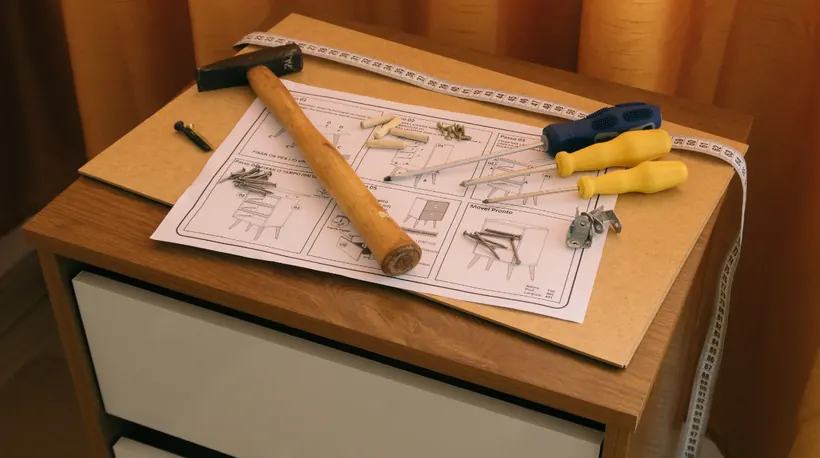 Aufbauanleitung mit Hammer, Schraubendrehern und Maßband auf einem Holzschrank