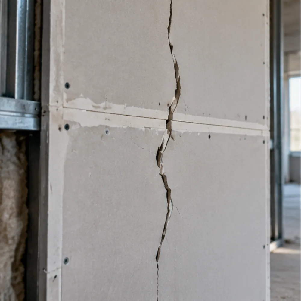 Senkrechter Riss in einer Trockenbauwand, der über die waagerechte Fuge zwischen zwei Gipskartonplatten läuft