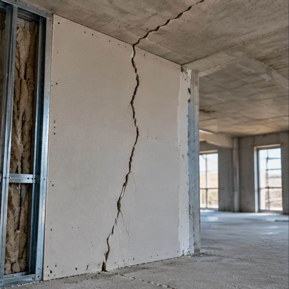 Langer Riss in einer Gipskartonwand, der über den Wandanschluss bis in die Decke reicht