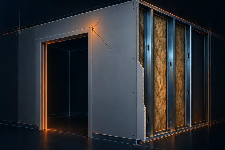 Dunkle Illustration einer Trockenbauwand mit orange hervorgehobenem Riss und sichtbarem Metallständerwerk