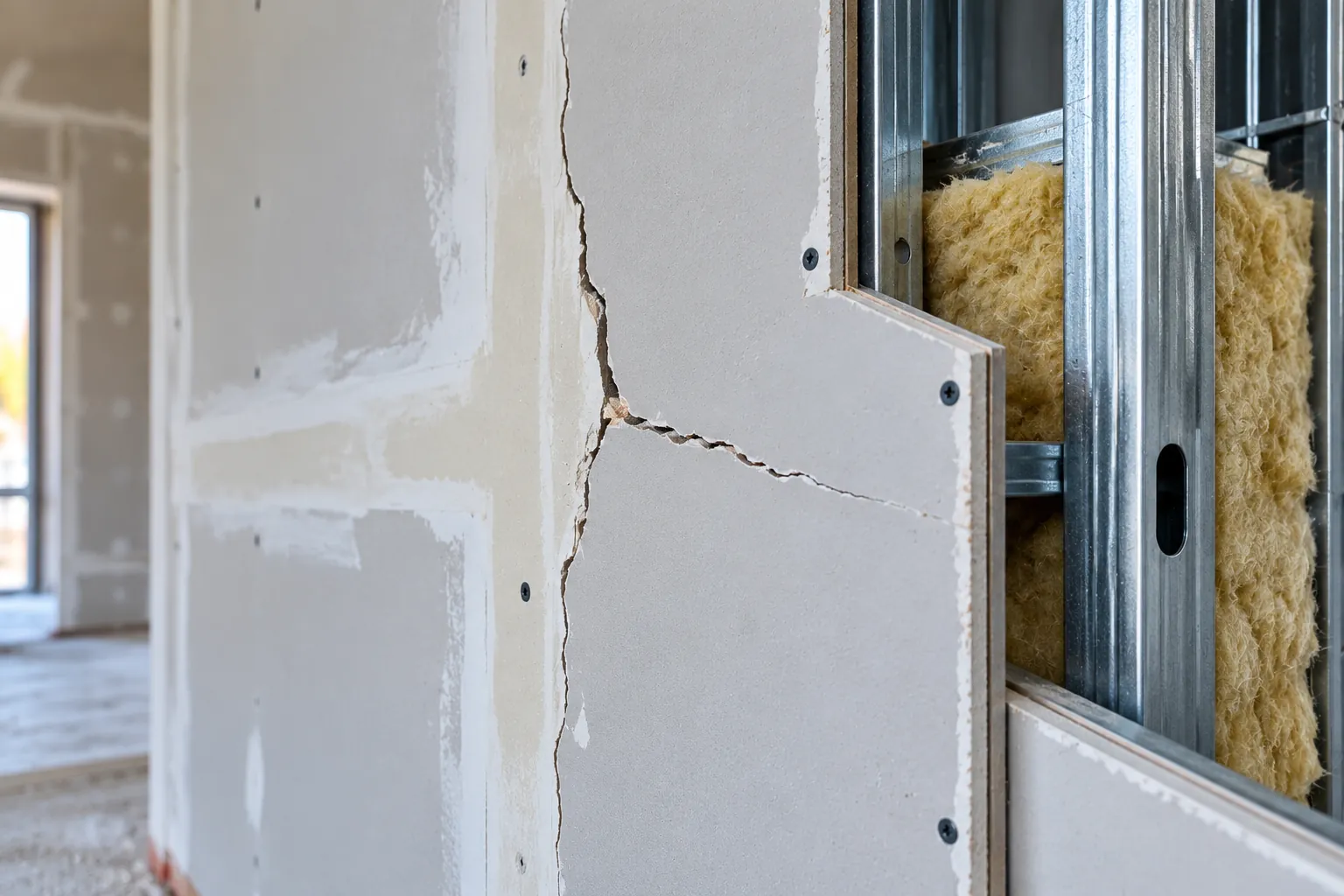 Risse im Trockenbau an einer Gipskartonwand mit sichtbarem Metallständerwerk und Dämmung.