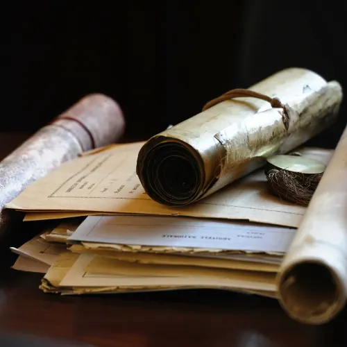 Gestapelte Bauunterlagen und Checklisten für Hausbesitzer, zusammengerollte Pläne auf einem Holztisch